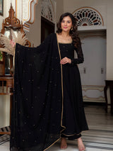 Black Blooming Fabric Anarkali Kurti Set