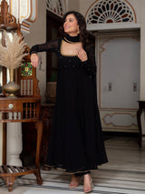 Black Blooming Fabric Anarkali Kurti Set