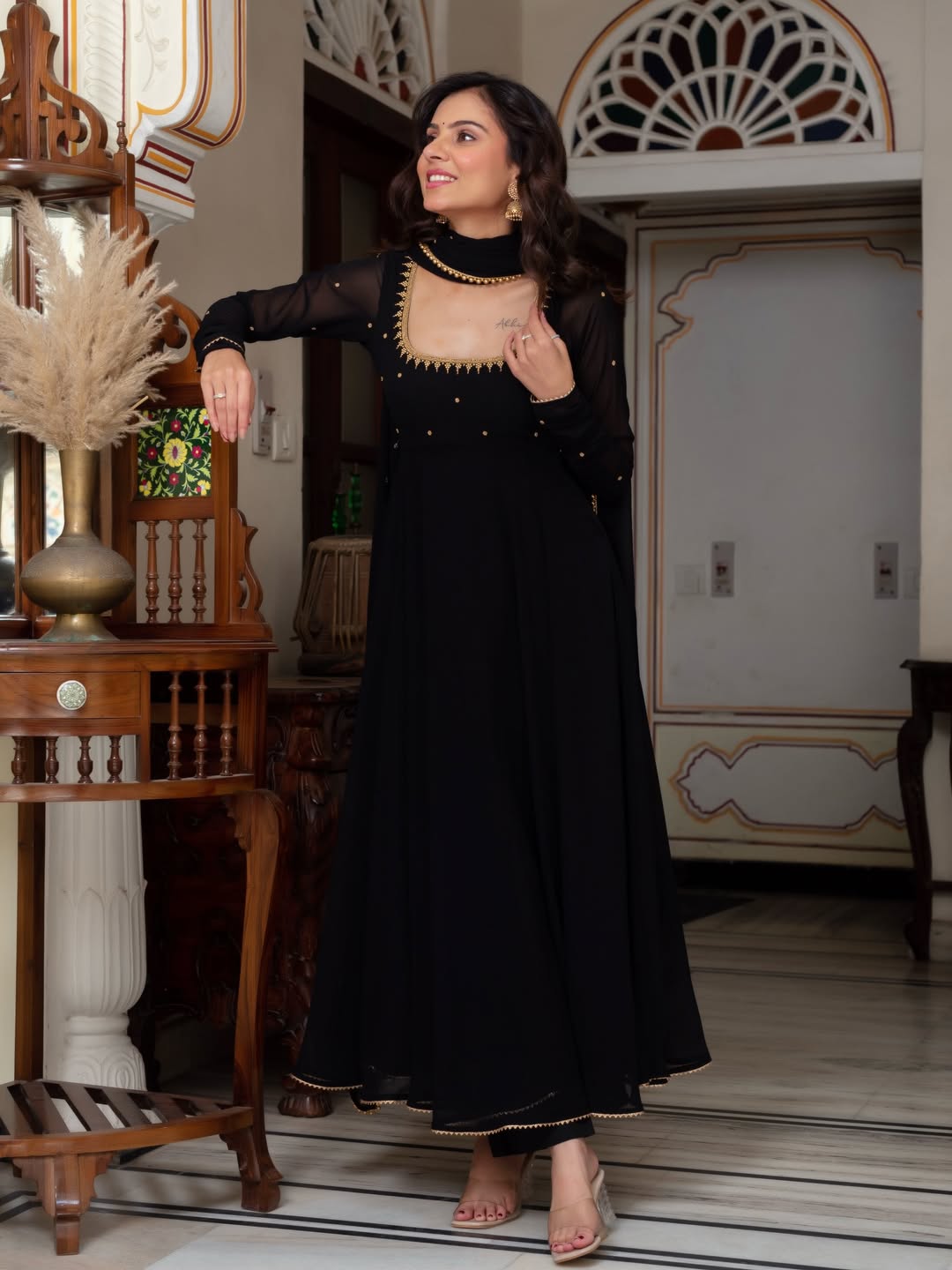 Black Blooming Fabric Anarkali Kurti Set