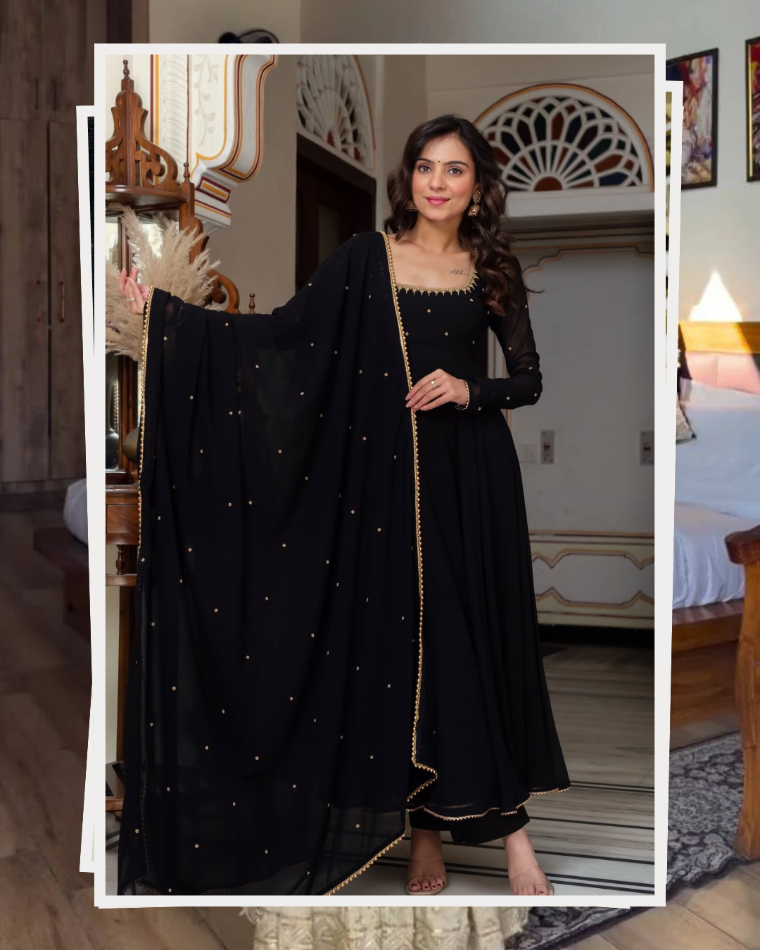 Black Blooming Fabric Anarkali Kurti Set