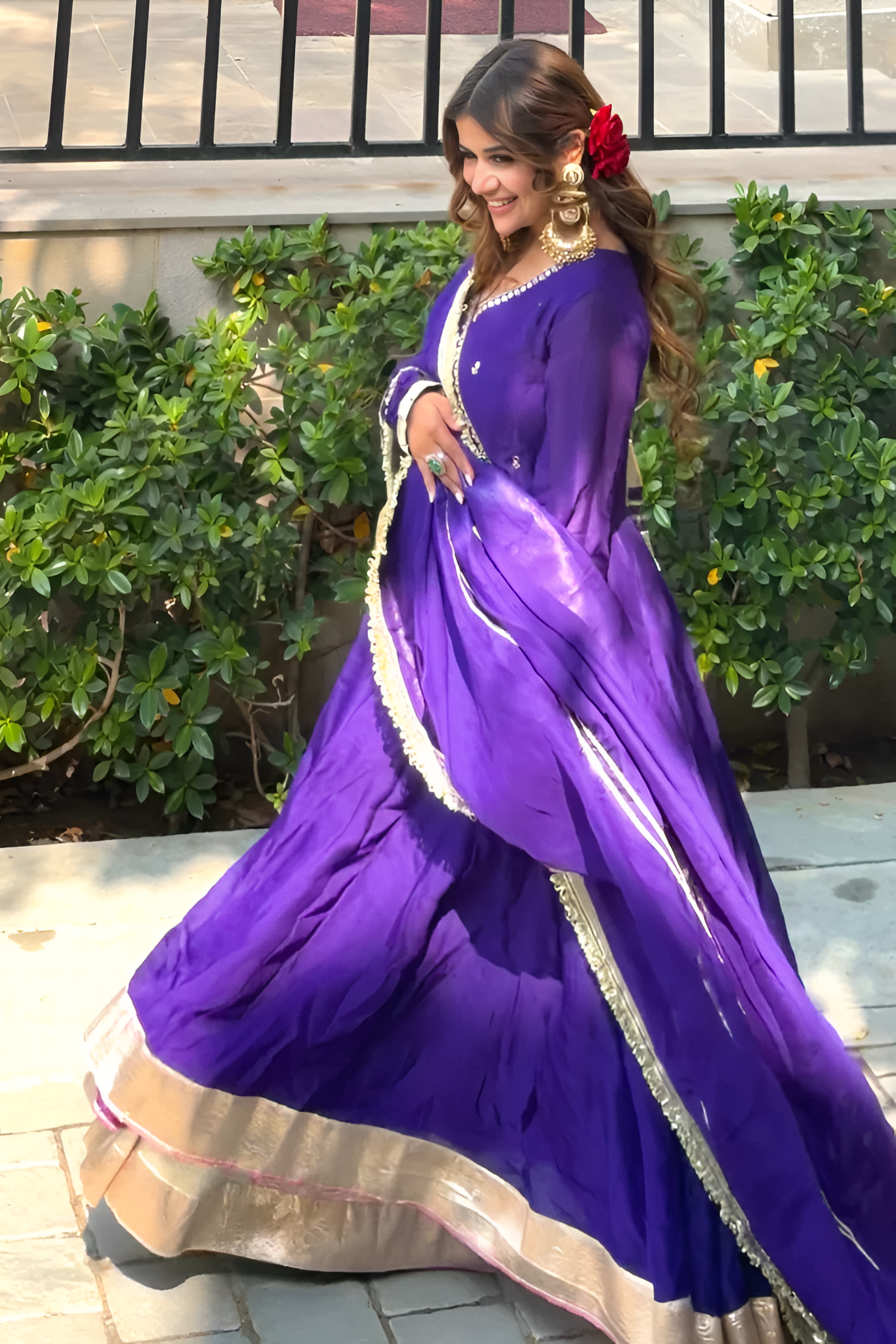 Purple Blooming Fabric Anarkali Kurti Set