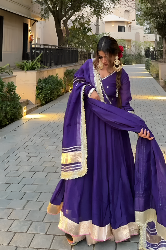 Purple Blooming Fabric Anarkali Kurti Set