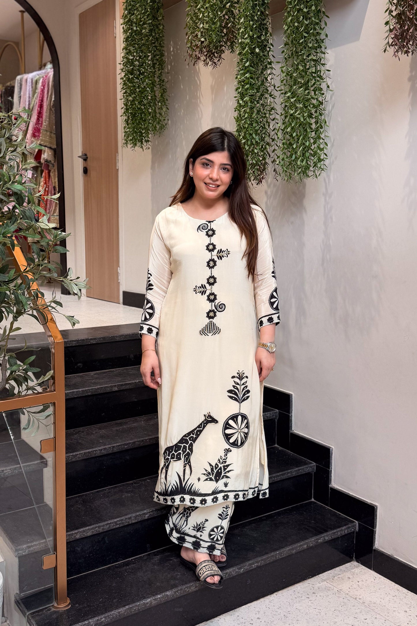 Premium Ivory Mulberry Silk Bagru Print A-Line Kurti Plazo