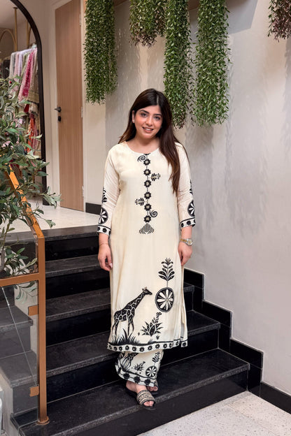 Premium Ivory Mulberry Silk Bagru Print A-Line Kurti Plazo