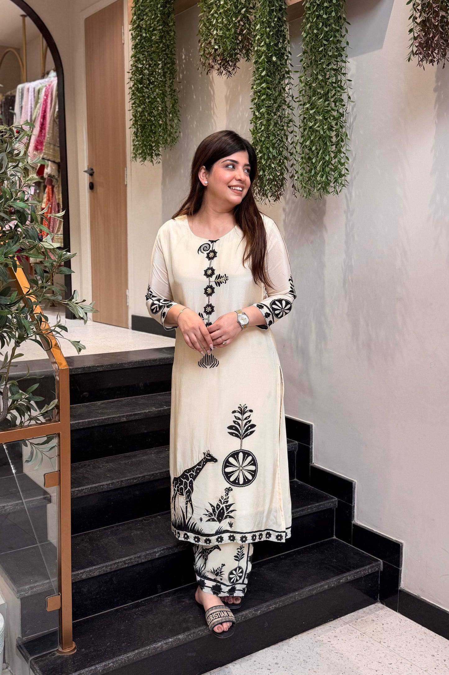 Premium Ivory Mulberry Silk Bagru Print A-Line Kurti Plazo