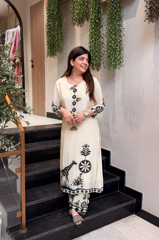 Premium Ivory Mulberry Silk Bagru Print A-Line Kurti Plazo