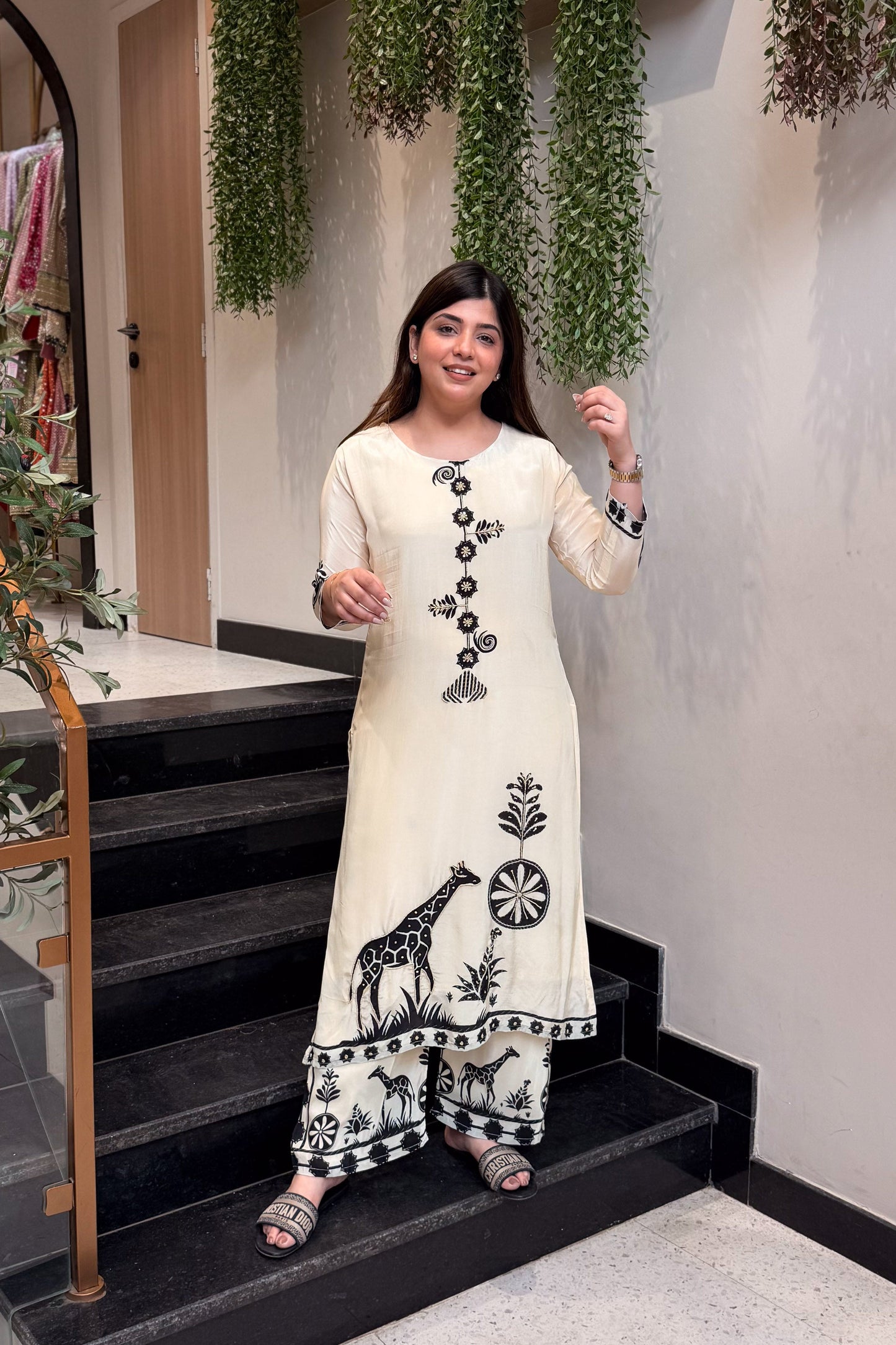 Premium Ivory Mulberry Silk Bagru Print A-Line Kurti Plazo