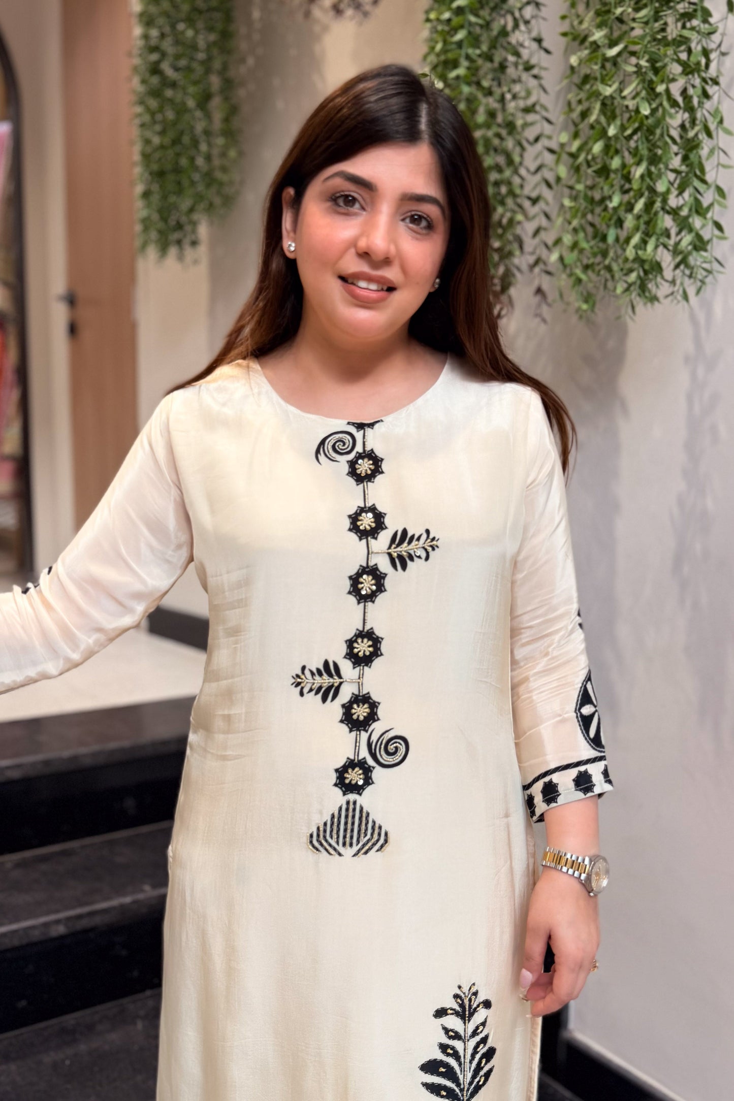 Premium Ivory Mulberry Silk Bagru Print A-Line Kurti Plazo