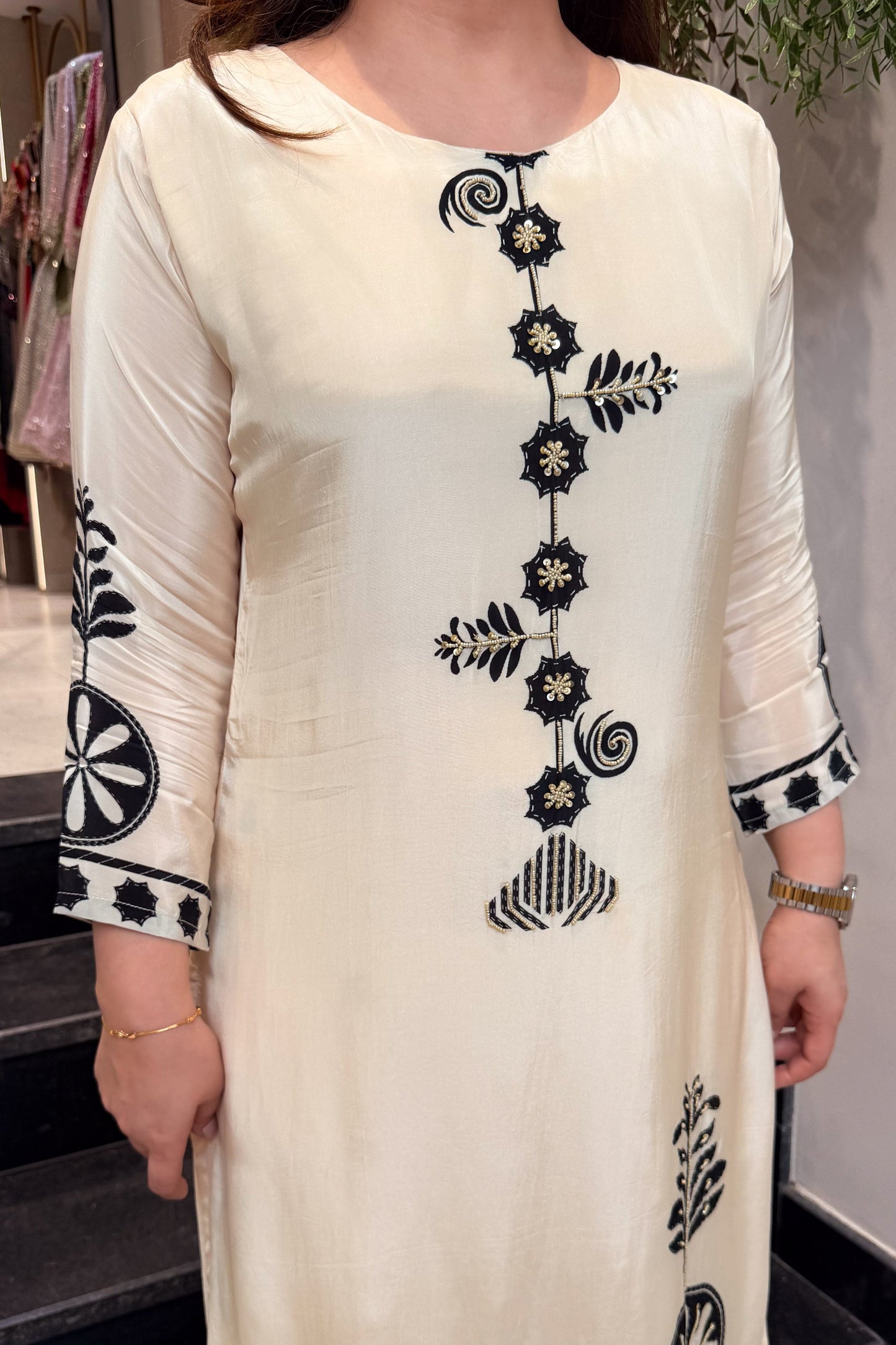 Premium Ivory Mulberry Silk Bagru Print A-Line Kurti Plazo