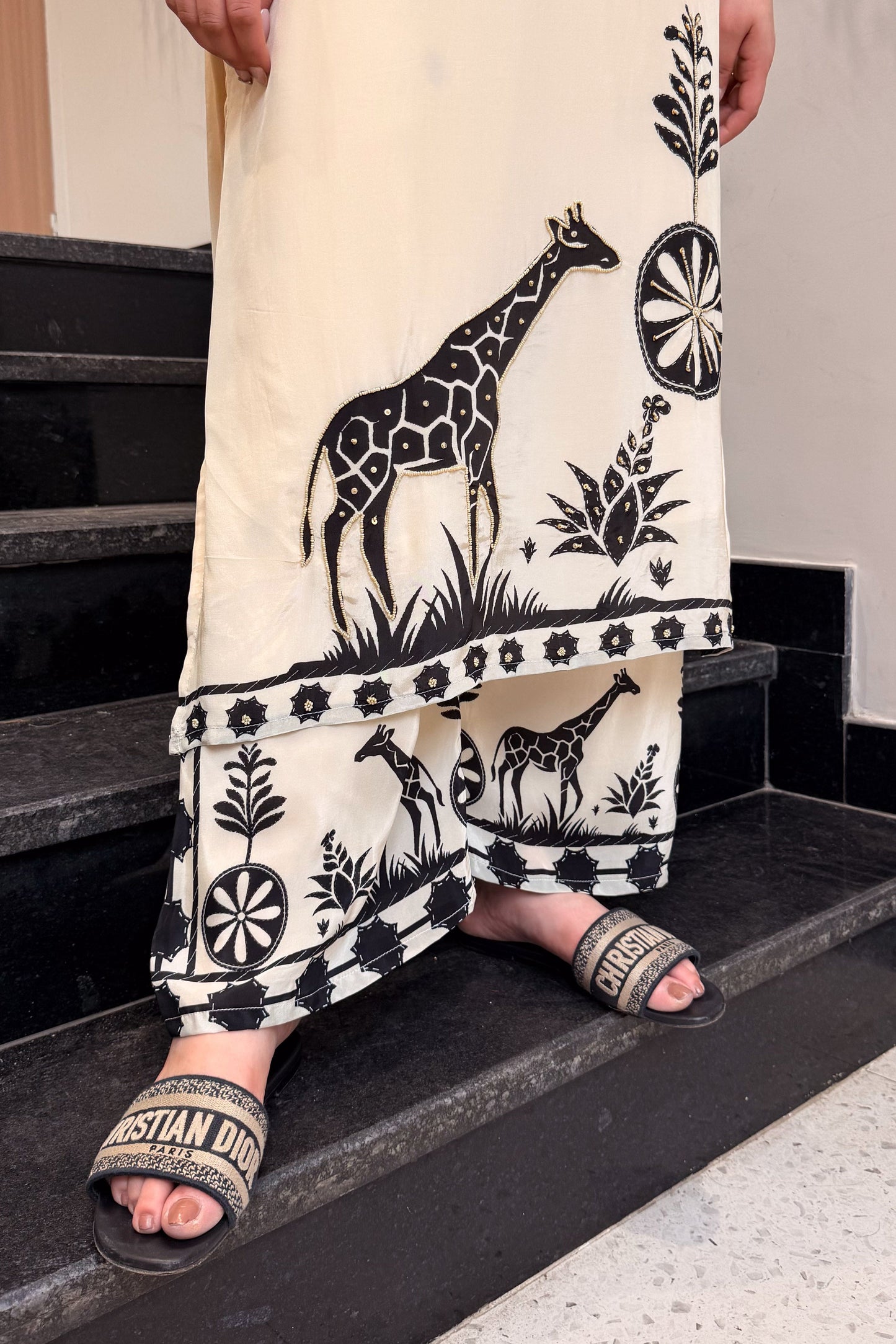 Premium Ivory Mulberry Silk Bagru Print A-Line Kurti Plazo