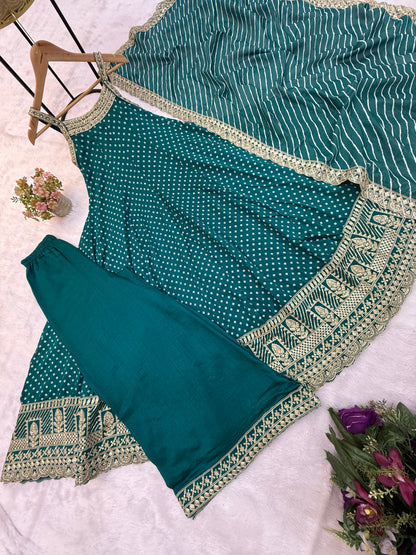 Rama Green Bandhani Vichitra Silk Gown Set
