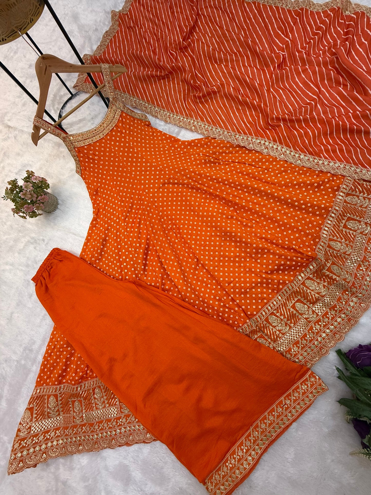 Orange Bandhani Vichitra Silk Gown Set