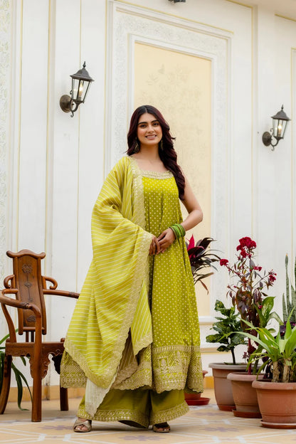 Lemon Glow Bandhani Vichitra Silk Gown Set