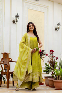 Lemon Glow Bandhani Vichitra Silk Gown Set