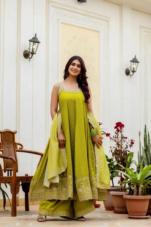 Lemon Glow Bandhani Vichitra Silk Gown Set