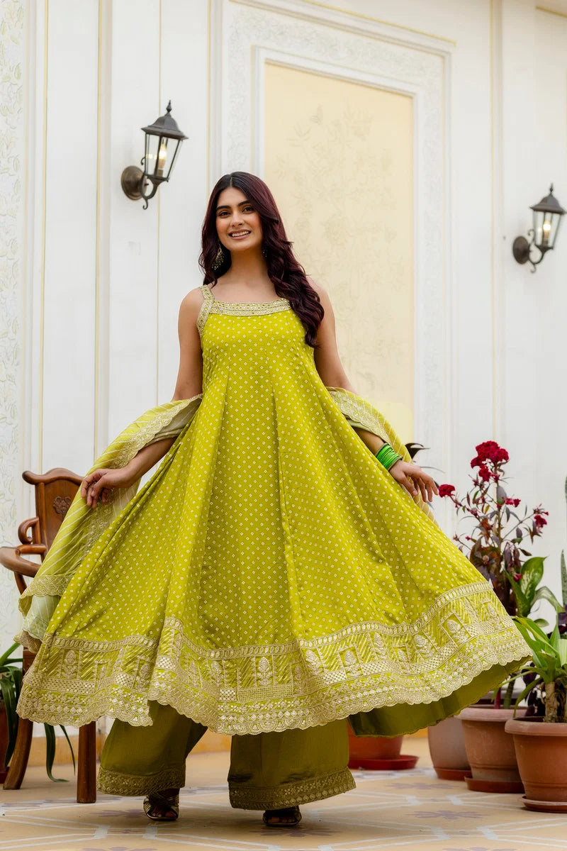 Lemon Glow Bandhani Vichitra Silk Gown Set
