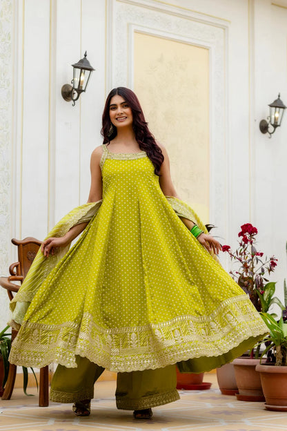 Lemon Glow Bandhani Vichitra Silk Gown Set