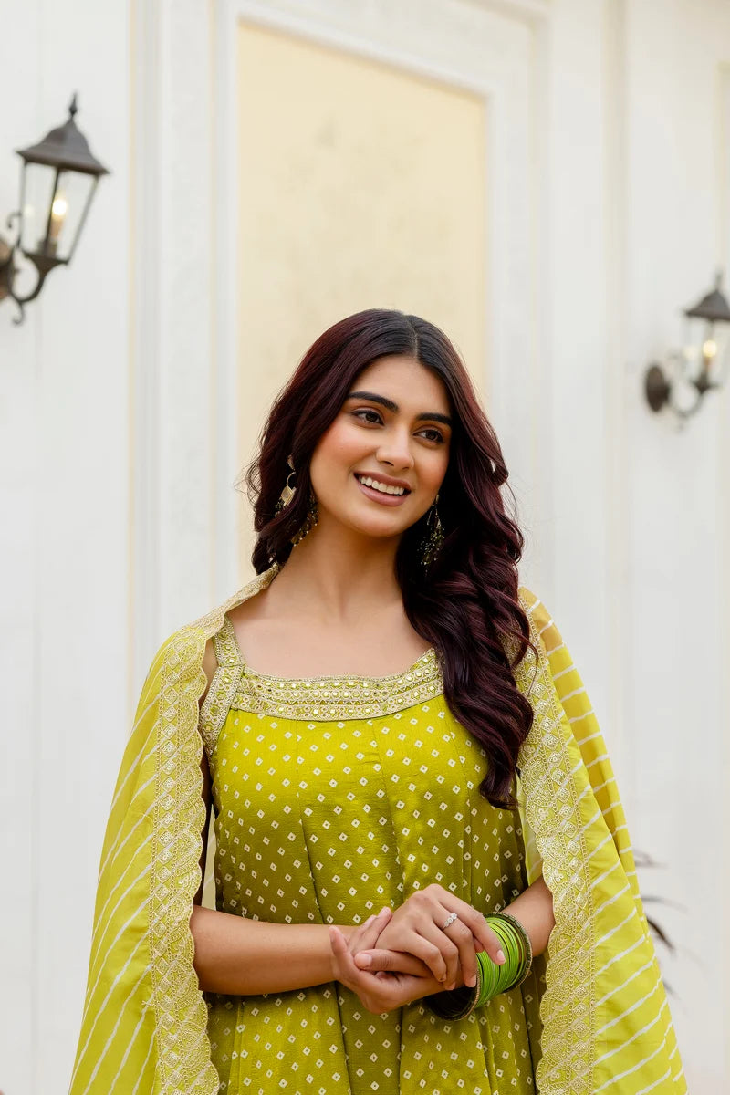 Lemon Glow Bandhani Vichitra Silk Gown Set