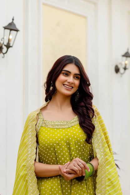 Lemon Glow Bandhani Vichitra Silk Gown Set
