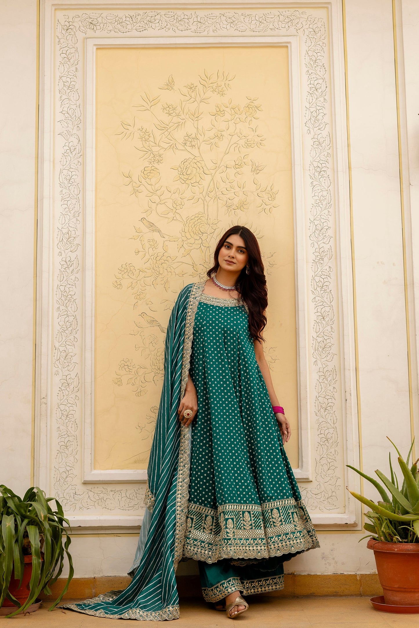 Rama Green Bandhani Vichitra Silk Gown Set
