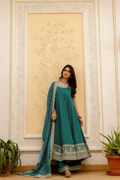Rama Green Bandhani Vichitra Silk Gown Set