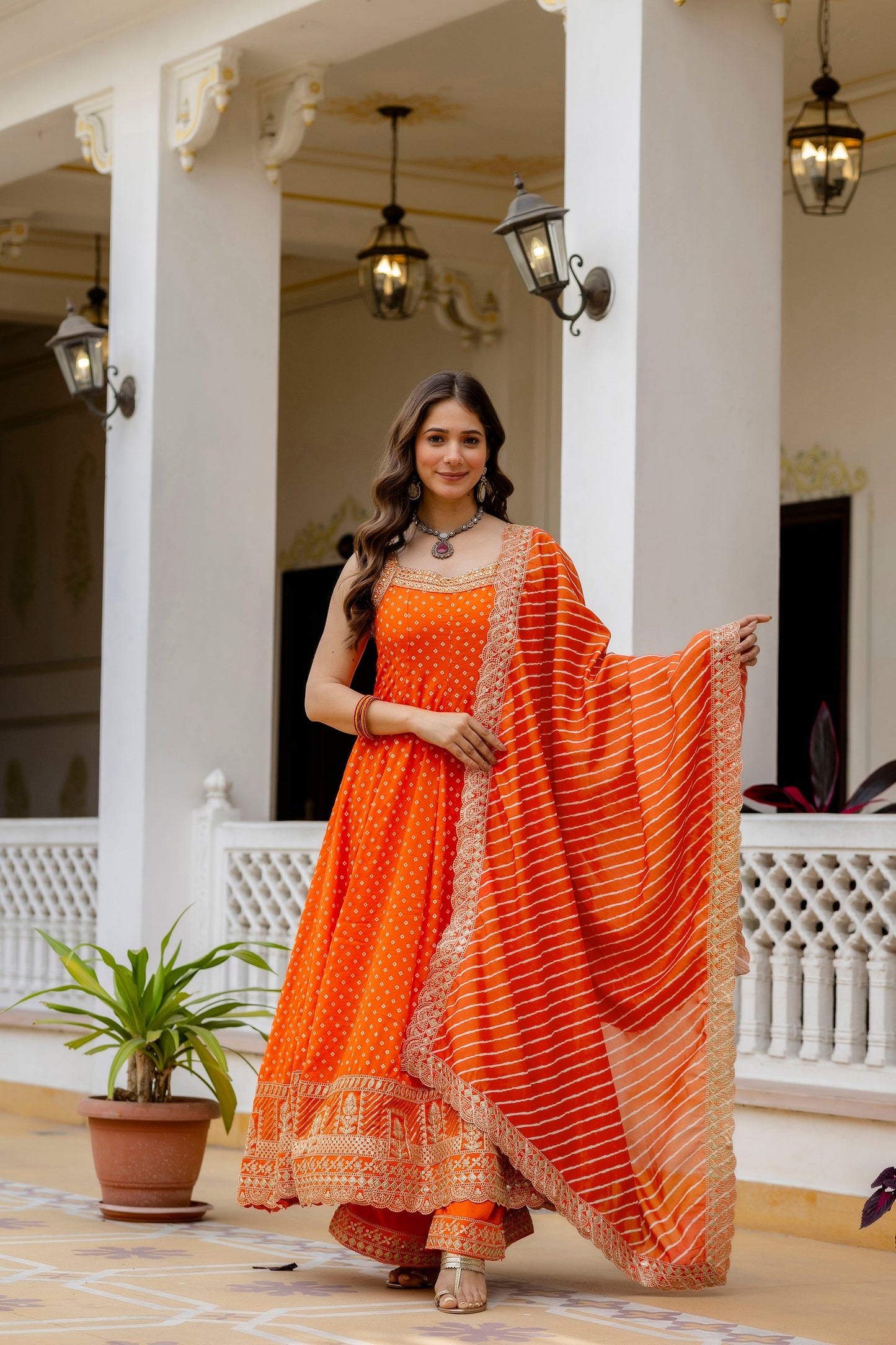 Orange Bandhani Vichitra Silk Gown Set