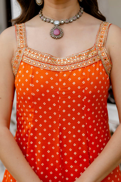 Orange Bandhani Vichitra Silk Gown Set