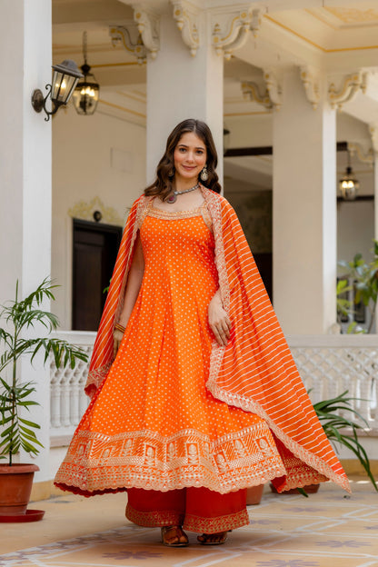 Orange Bandhani Vichitra Silk Gown Set
