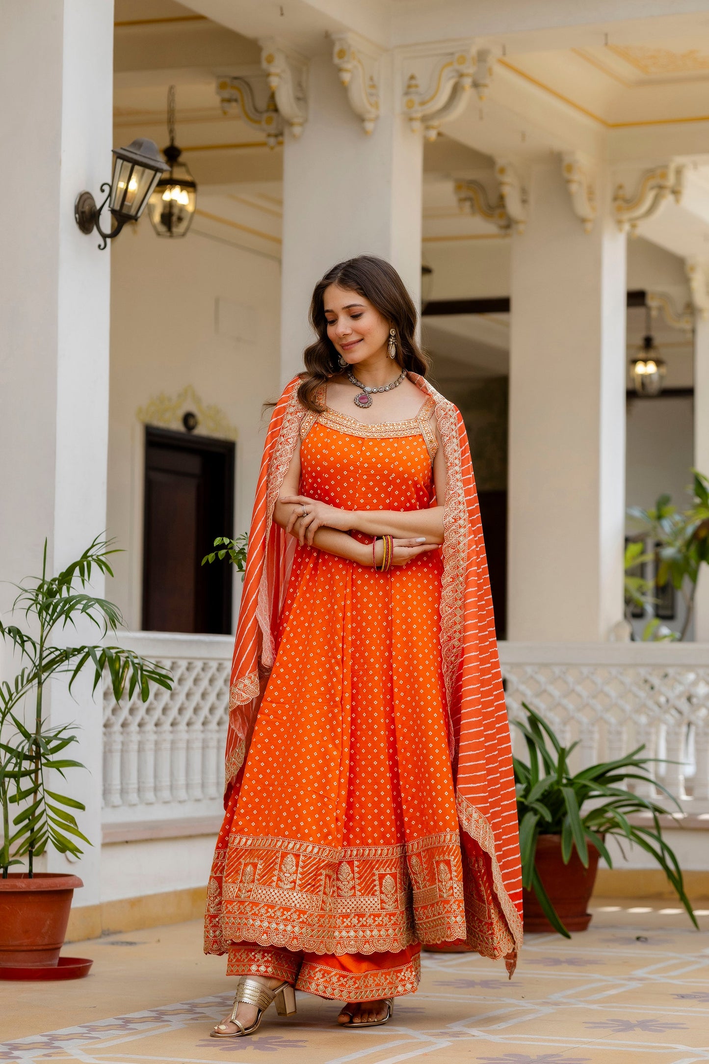 Orange Bandhani Vichitra Silk Gown Set