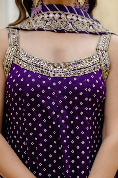 Navy Blue Bandhani Vichitra Silk Gown Set