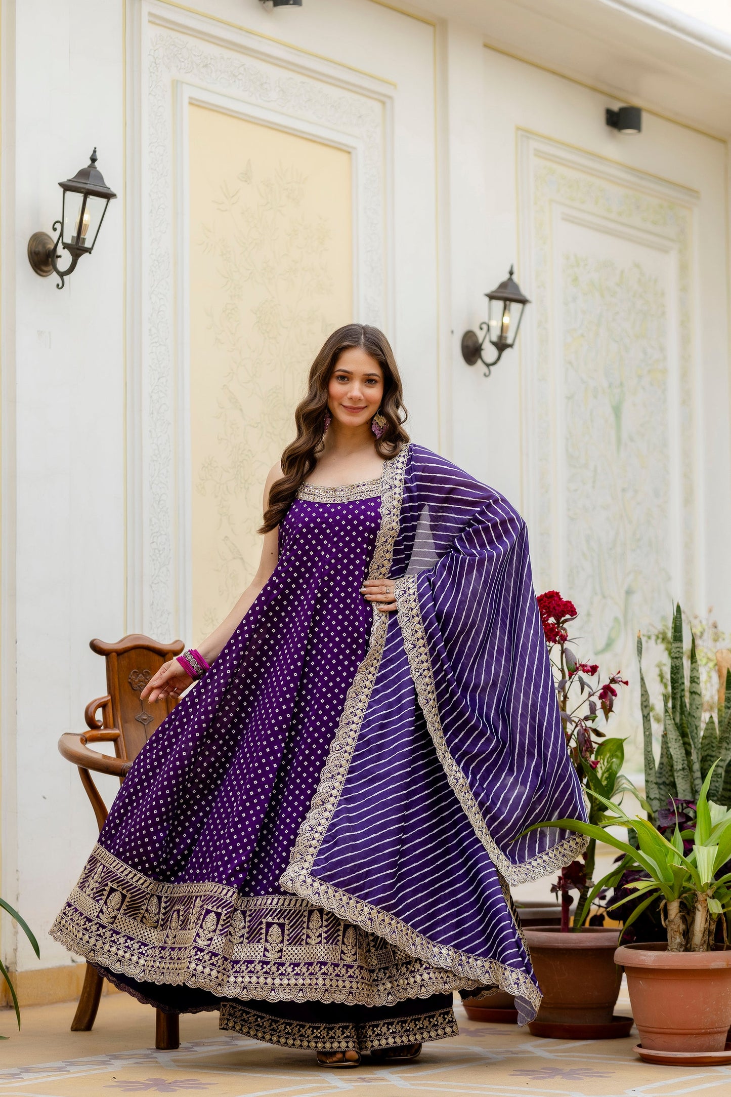 Navy Blue Bandhani Vichitra Silk Gown Set