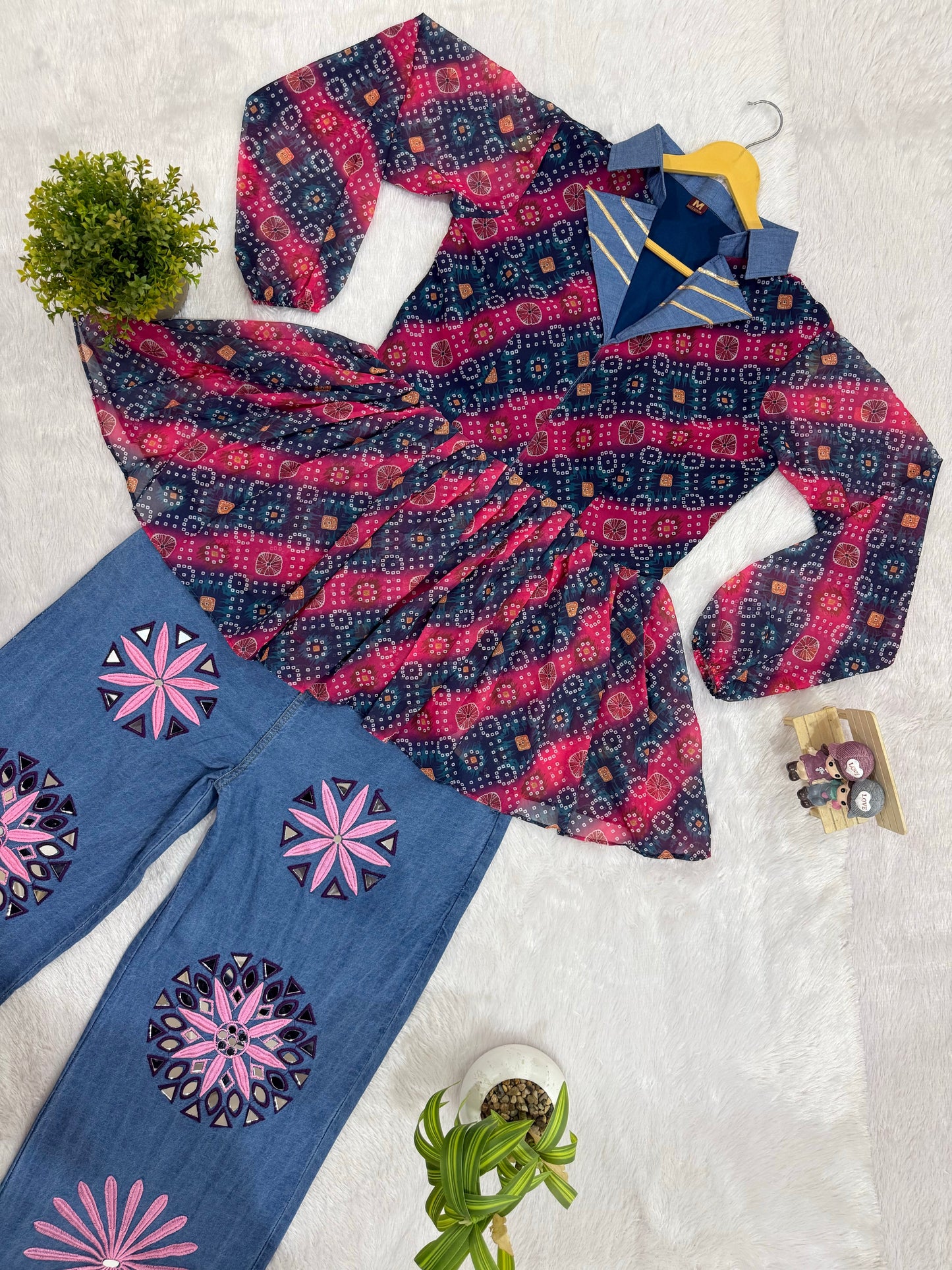 Printed Georgette Folk Denim Royale Kediya Set