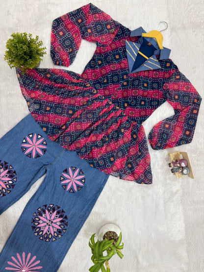 Printed Georgette Folk Denim Royale Kediya Set