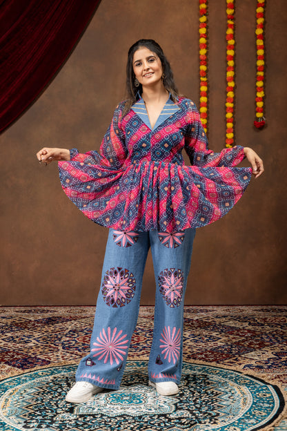 Printed Georgette Folk Denim Royale Kediya Set