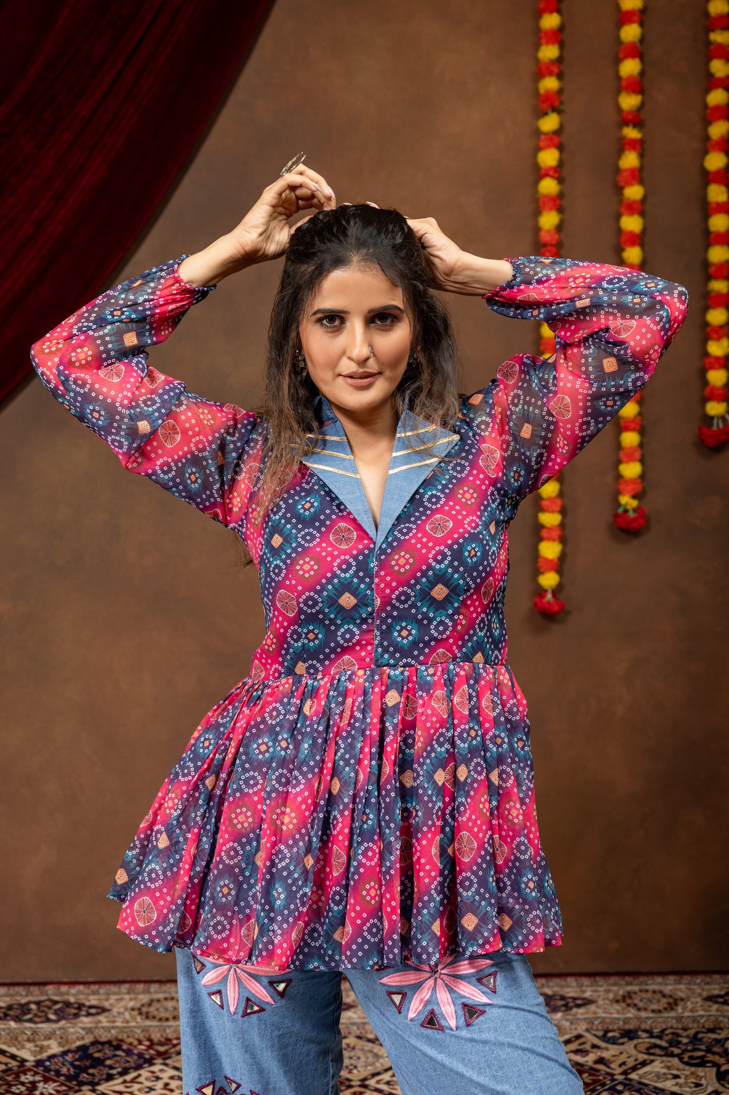 Printed Georgette Folk Denim Royale Kediya Set