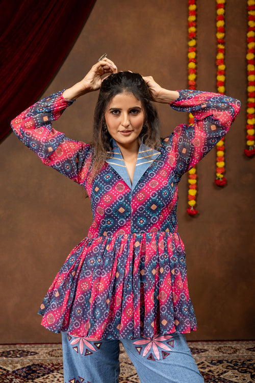 Printed Georgette Folk Denim Royale Kediya Set