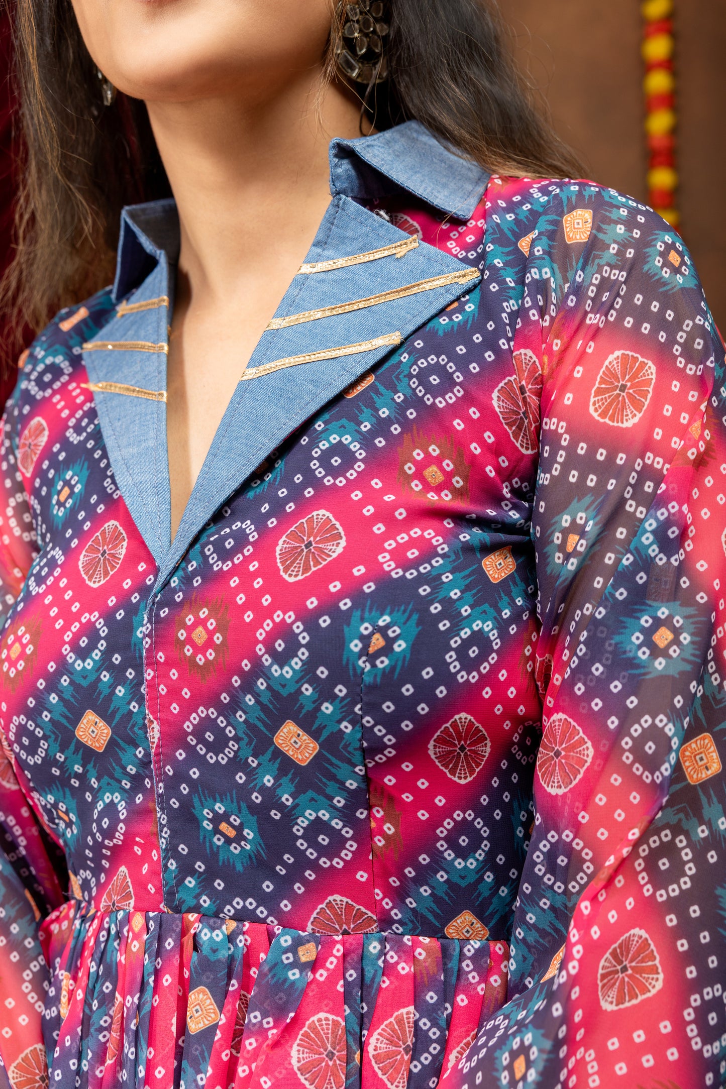 Printed Georgette Folk Denim Royale Kediya Set