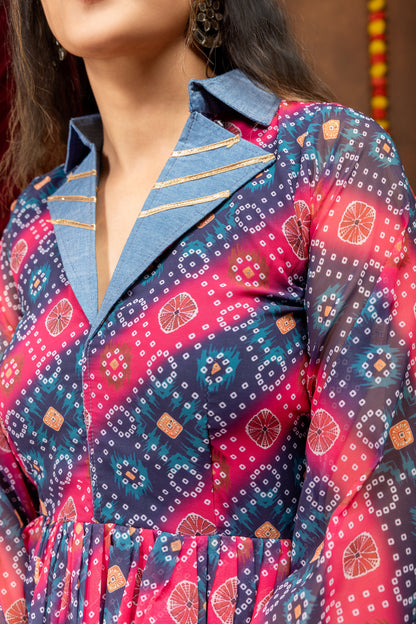 Printed Georgette Folk Denim Royale Kediya Set