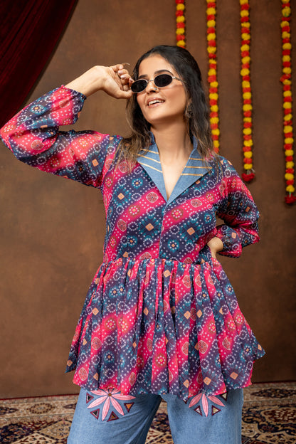 Printed Georgette Folk Denim Royale Kediya Set