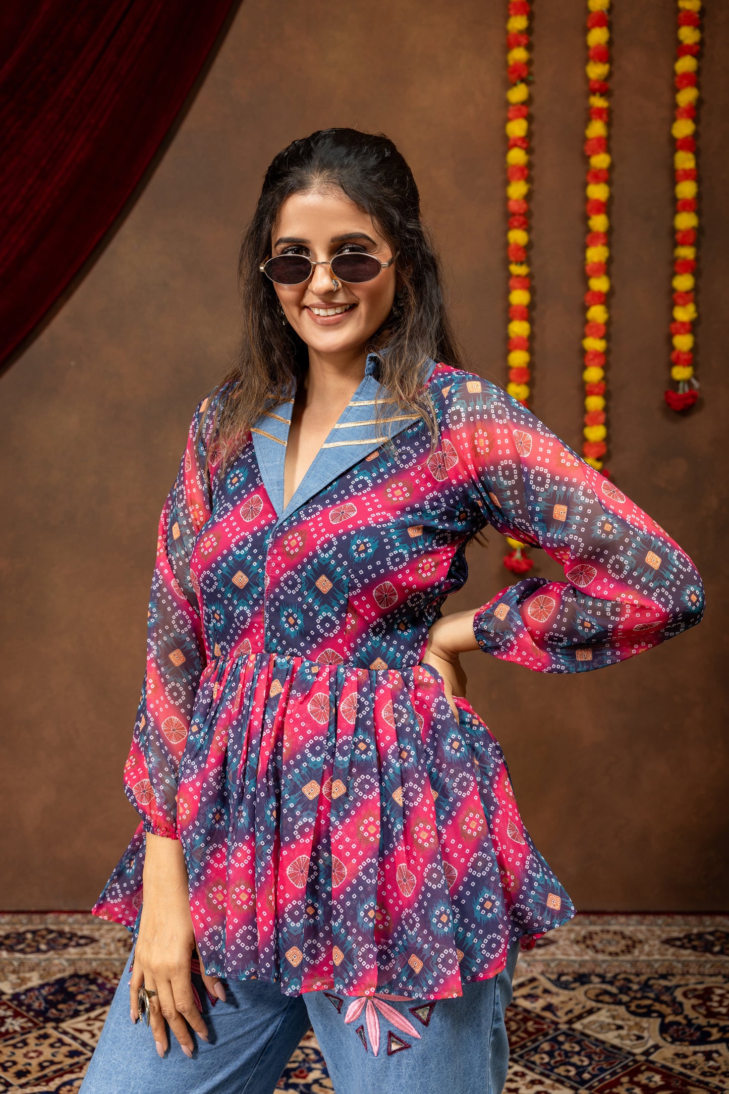 Printed Georgette Folk Denim Royale Kediya Set