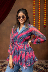 Printed Georgette Folk Denim Royale Kediya Set