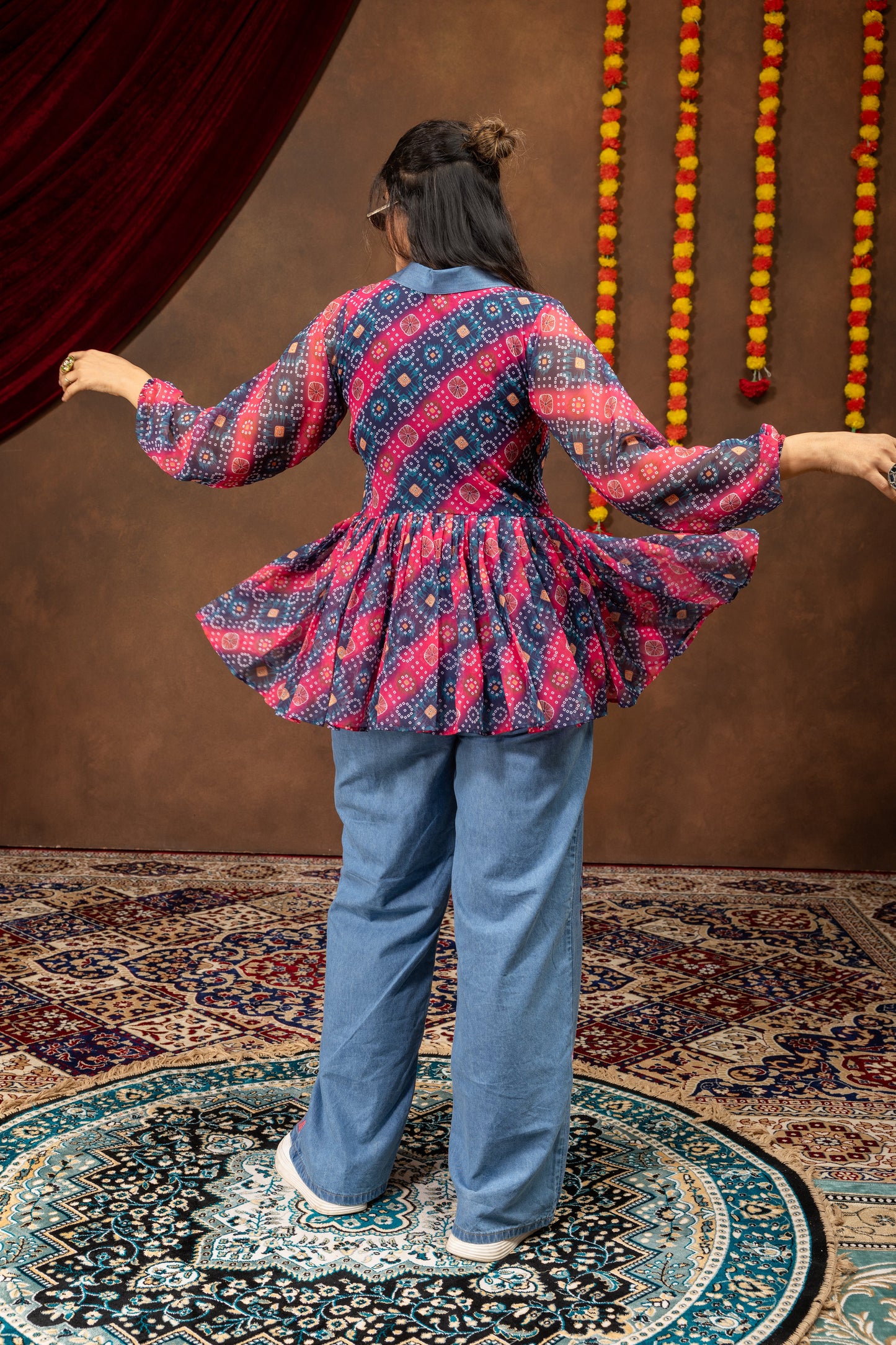 Printed Georgette Folk Denim Royale Kediya Set