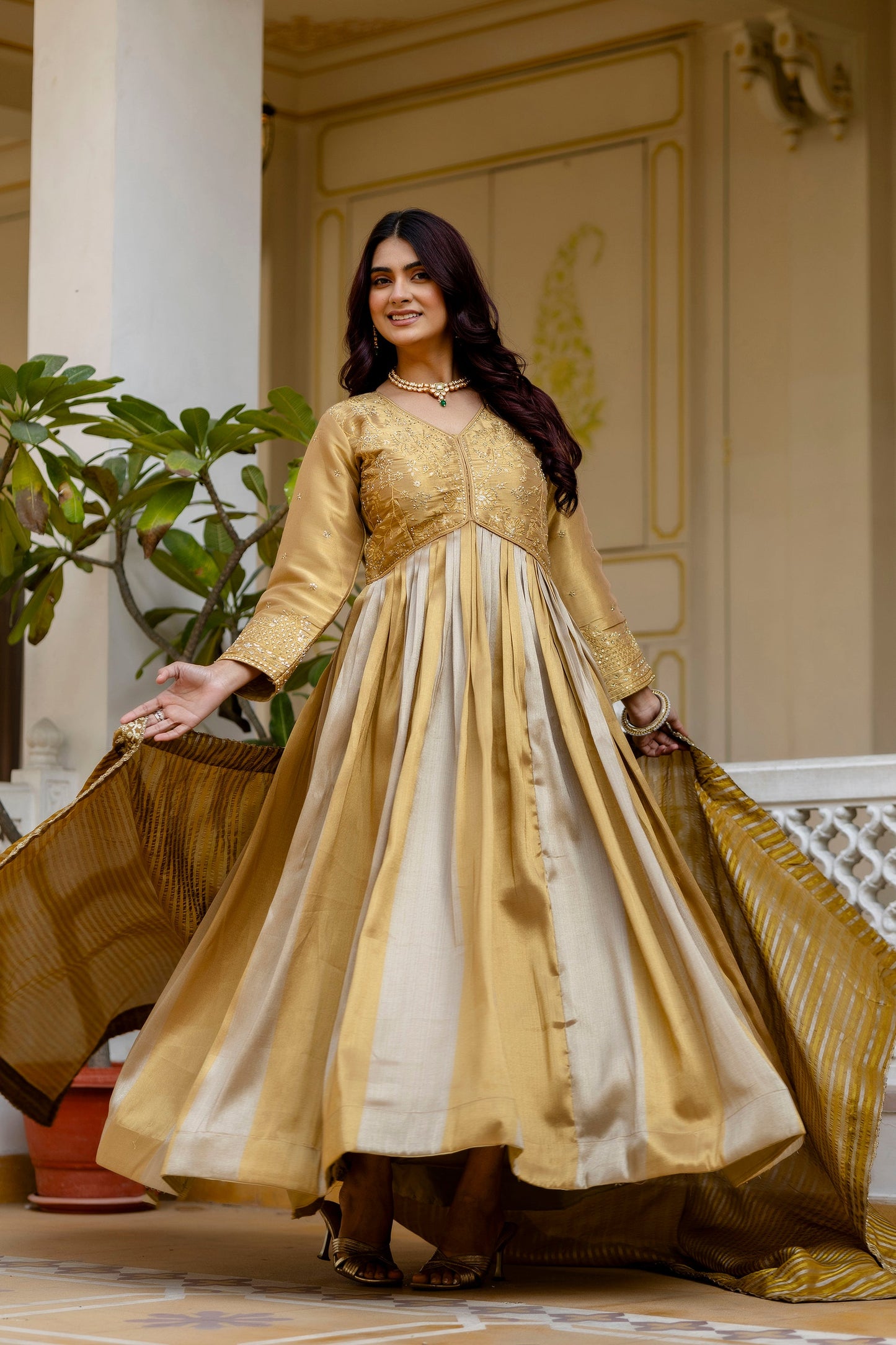 Golden Viscose Banarasi Silk Embroidered Gown