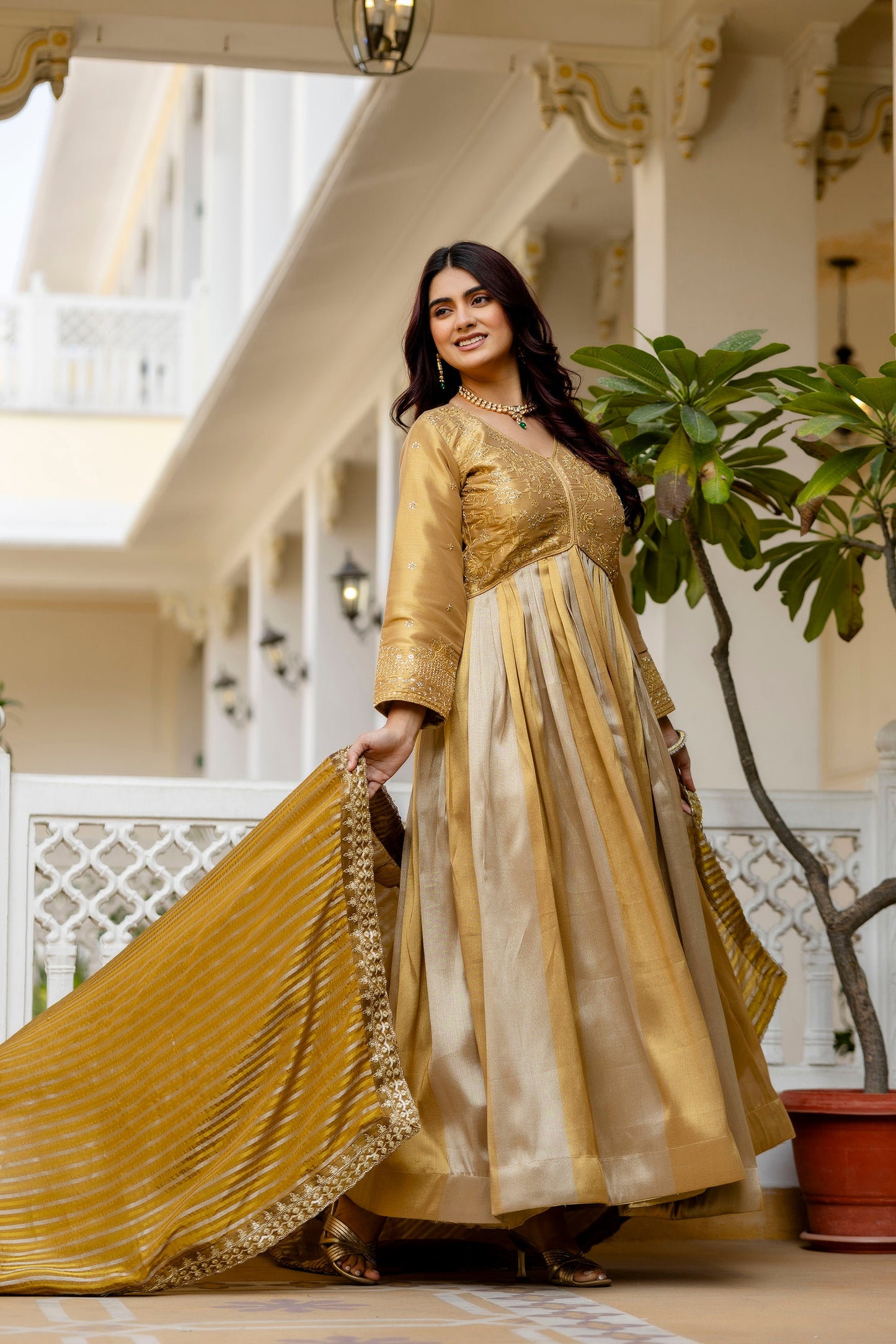 Golden Viscose Banarasi Silk Embroidered Gown