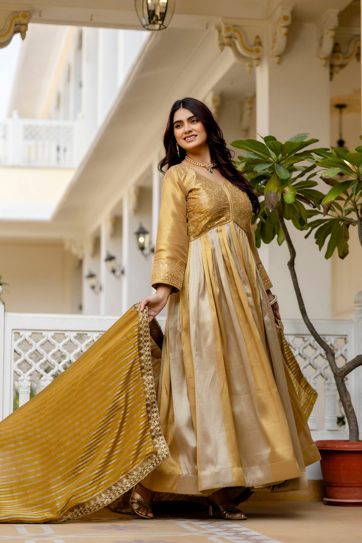 Golden Viscose Banarasi Silk Embroidered Gown