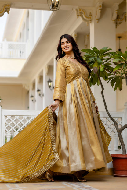 Golden Viscose Banarasi Silk Embroidered Gown