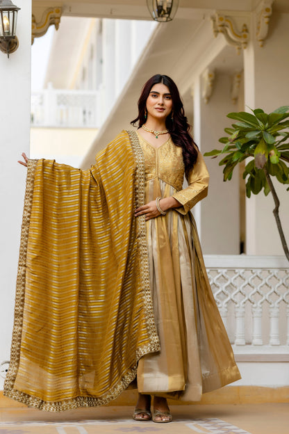 Golden Viscose Banarasi Silk Embroidered Gown