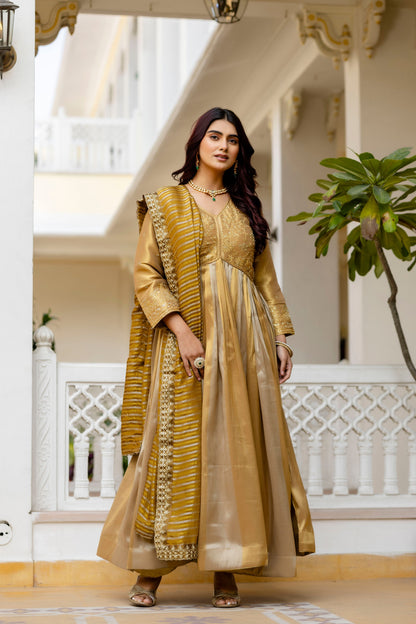 Golden Viscose Banarasi Silk Embroidered Gown