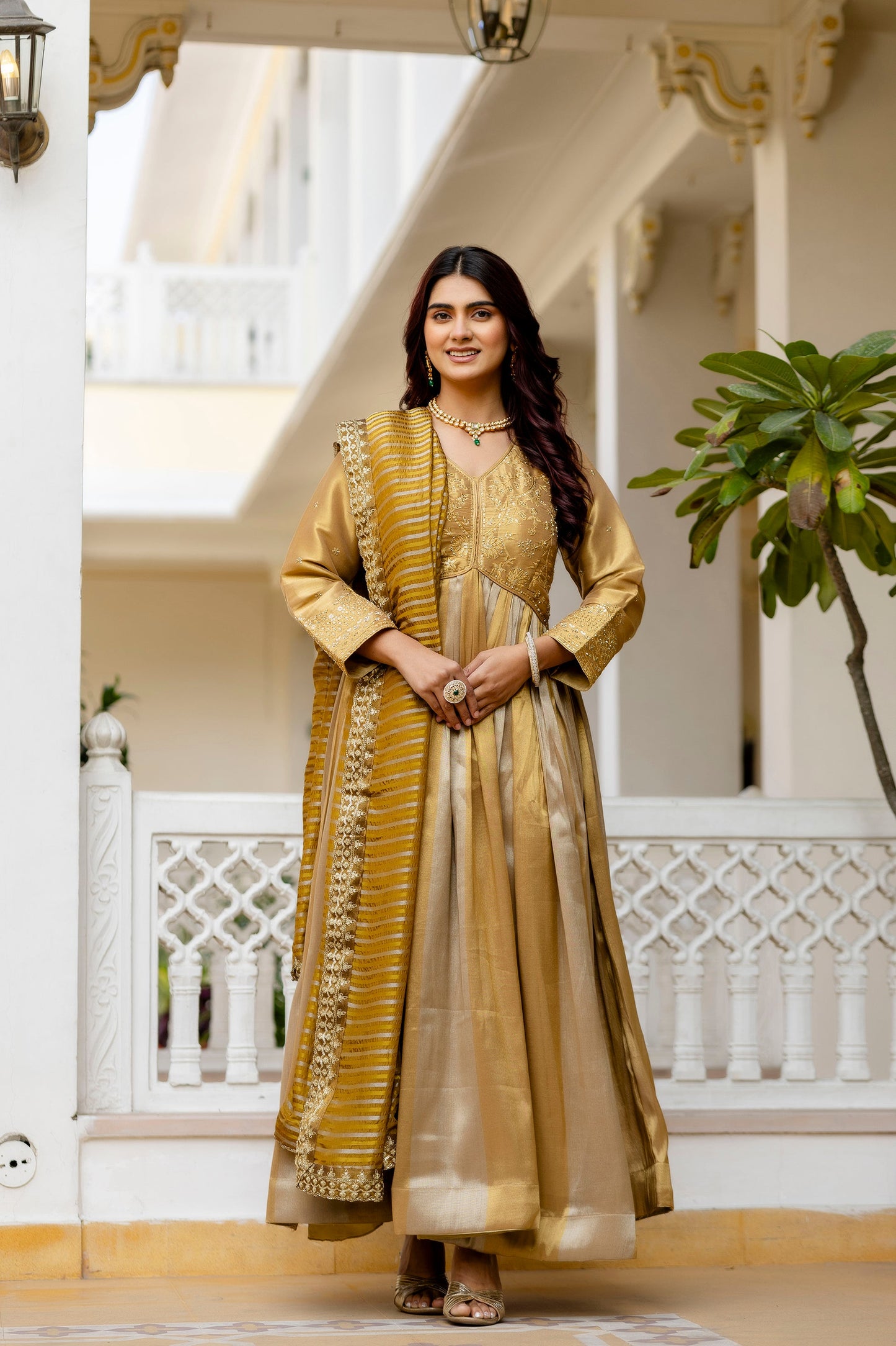 Golden Viscose Banarasi Silk Embroidered Gown