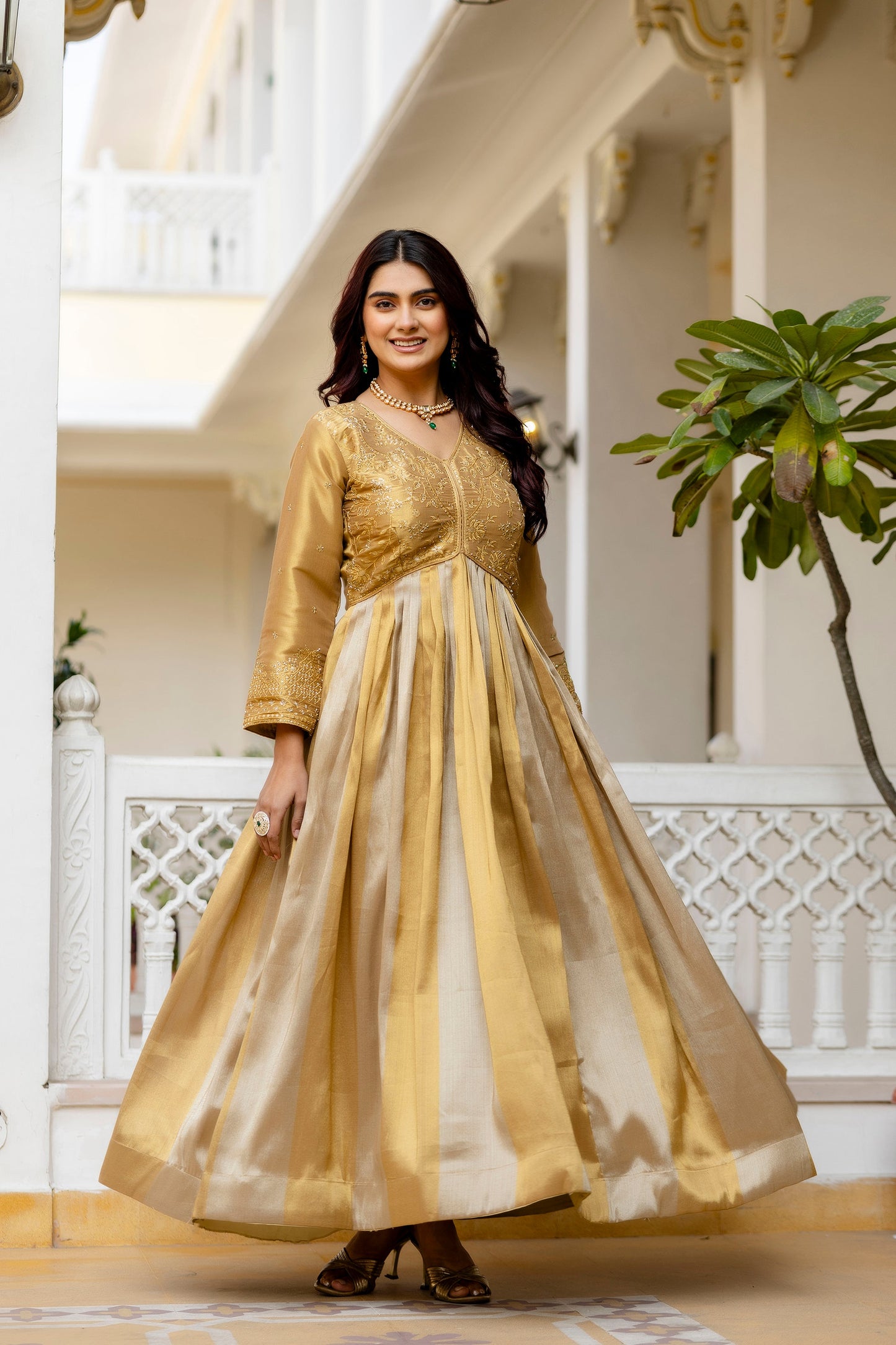 Golden Viscose Banarasi Silk Embroidered Gown